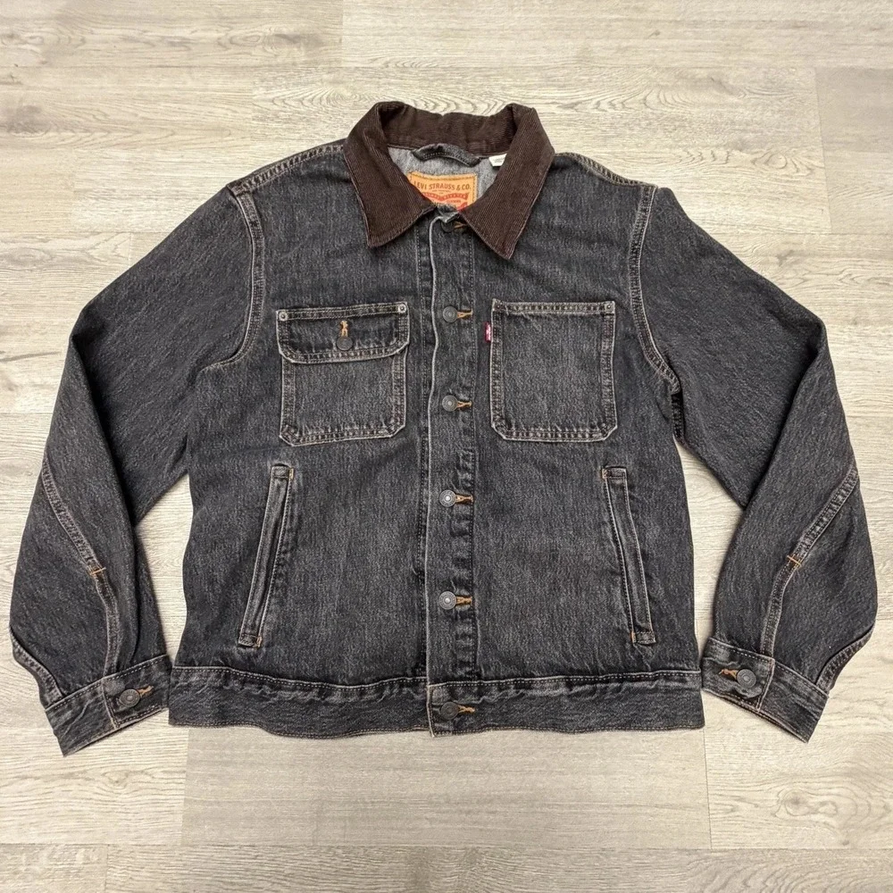 Levi's Stock Trucker Jacket Men's Small Black Denim Corduroy Collar Workwear